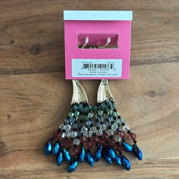 Betsey Johnnson Statement Beaded Rhinestone Chandelier Dangle Peacock Earrings - Picture 3 of 3